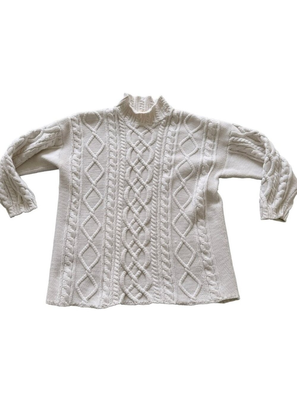 Hand Frame Knit Cream Cable Knit Mock Neck Sweater Womens Fisherman Cotton M